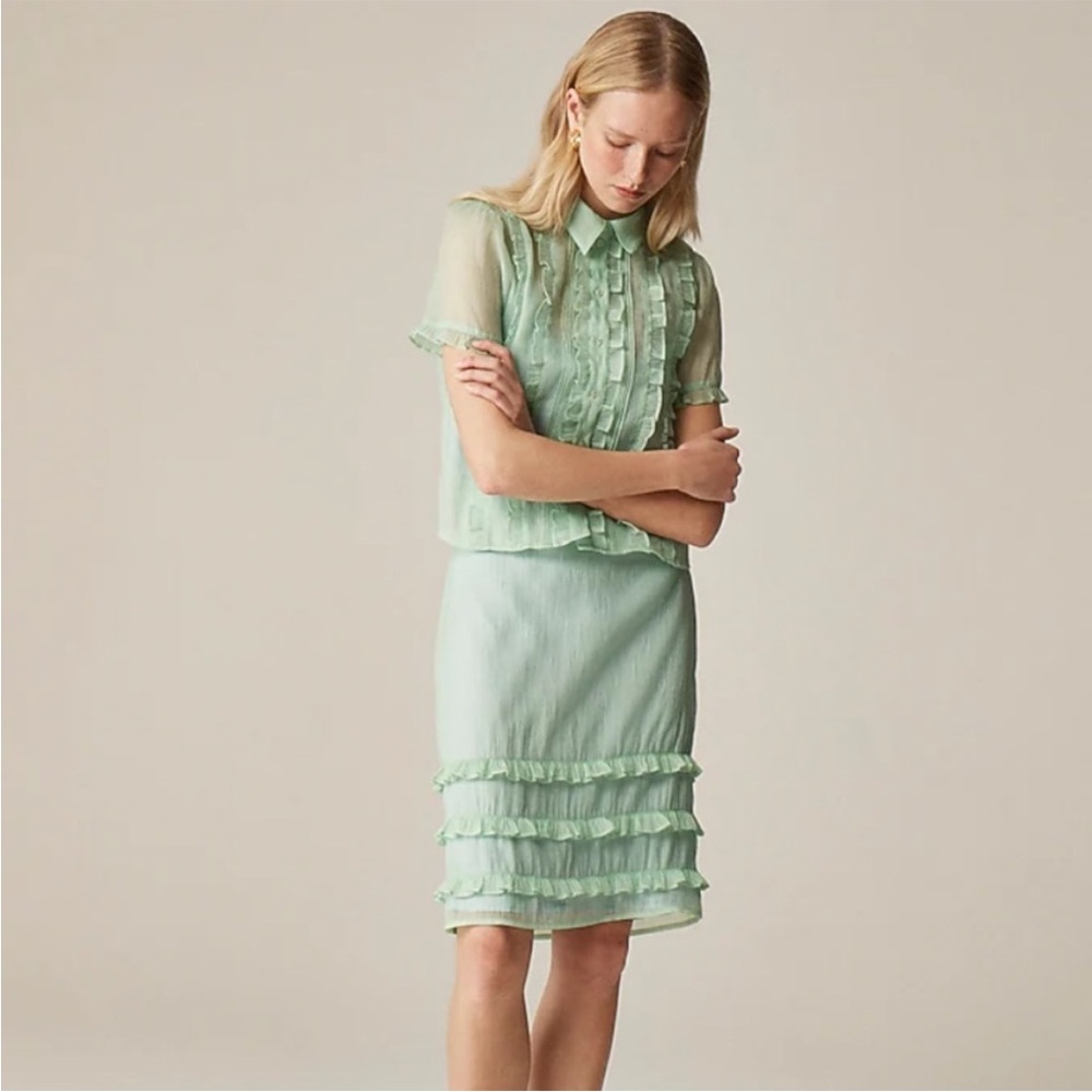 J Crew Skirt 8 Sheer Crinkled Ruffle-Trim Slip Green - Picture 12 of 12